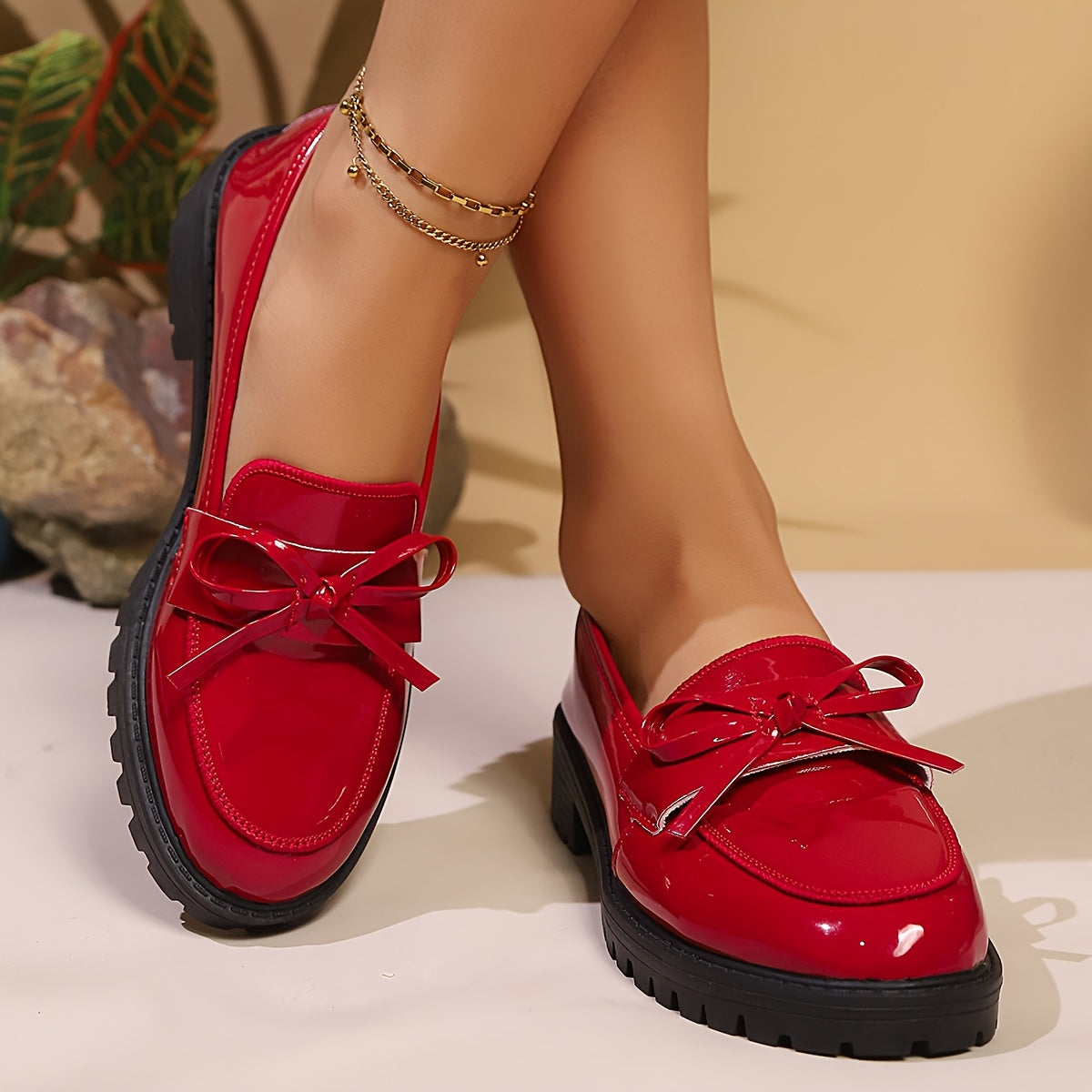 Women's Red Bow Oxford Loafers Glossy PU Slip-Resistant Comfort Sole