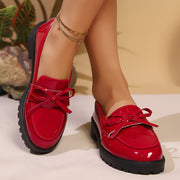 Women's Red Bow Oxford Loafers Glossy PU Slip-Resistant Comfort Sole