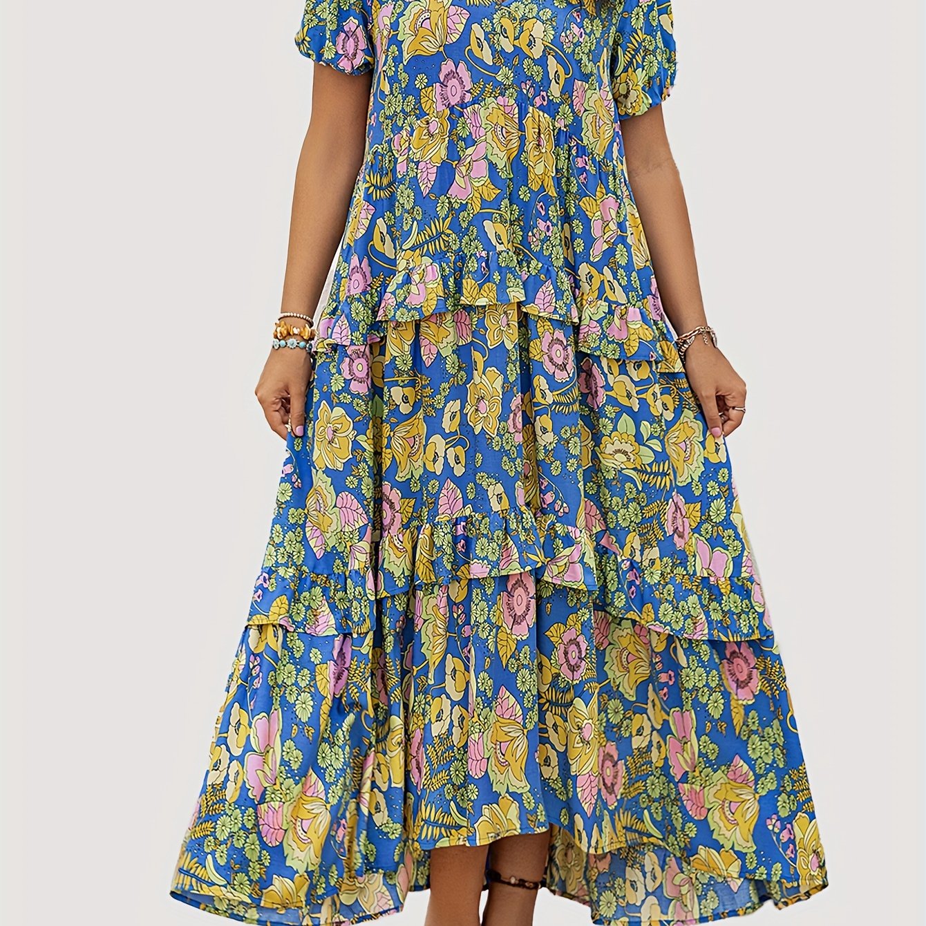 Boho Chic yozgi kiyi ayollar uchun, pleated ruffle uzun bo'yli, gullar bilan bezatilgan V-neck, ko'p ranglarda