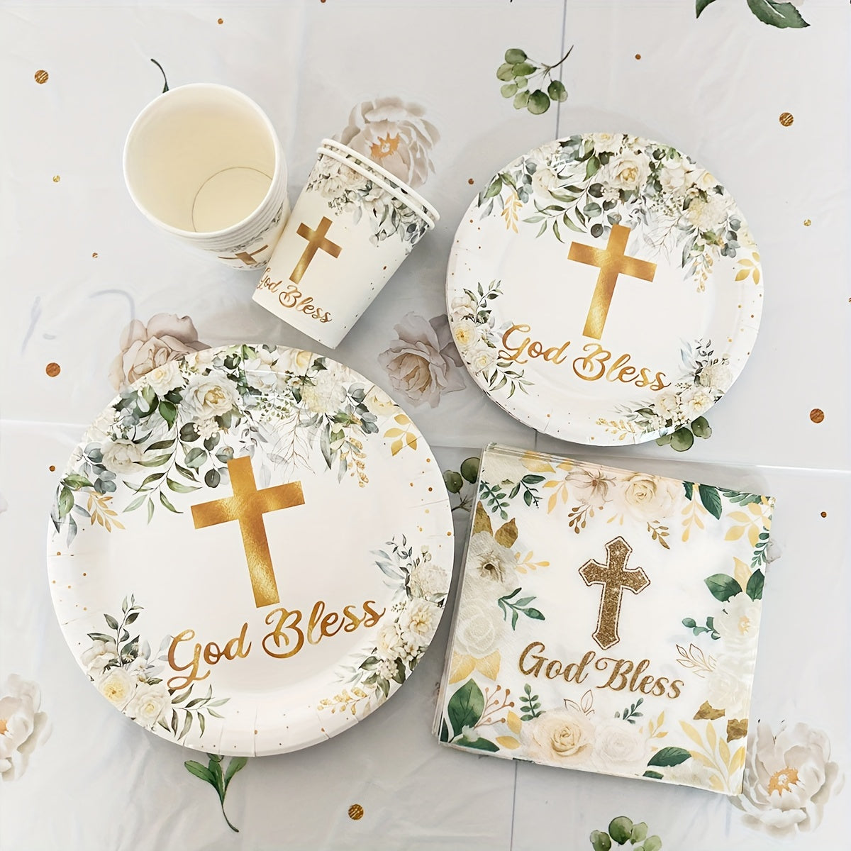 White Baptism Watercolor Leaf Disposable Tableware Set 20 Pieces for Party Decor