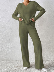 Women's Ribbed Lounge Set V-Neck Top and Pants Fall Winter Casual Knit Fabric