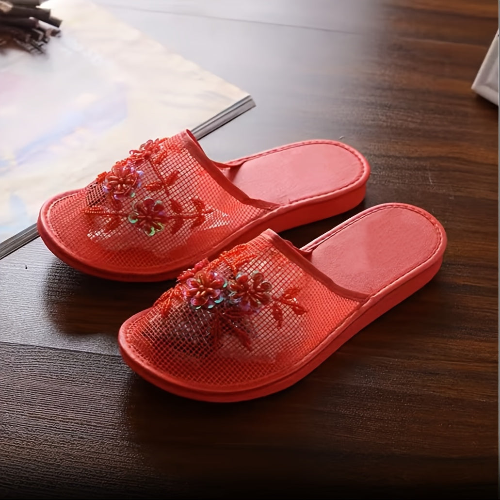 Women's Beaded Floral Slides Lightweight Summer Indoor Shoes Breathable Mesh Almond Toe EVA Sole