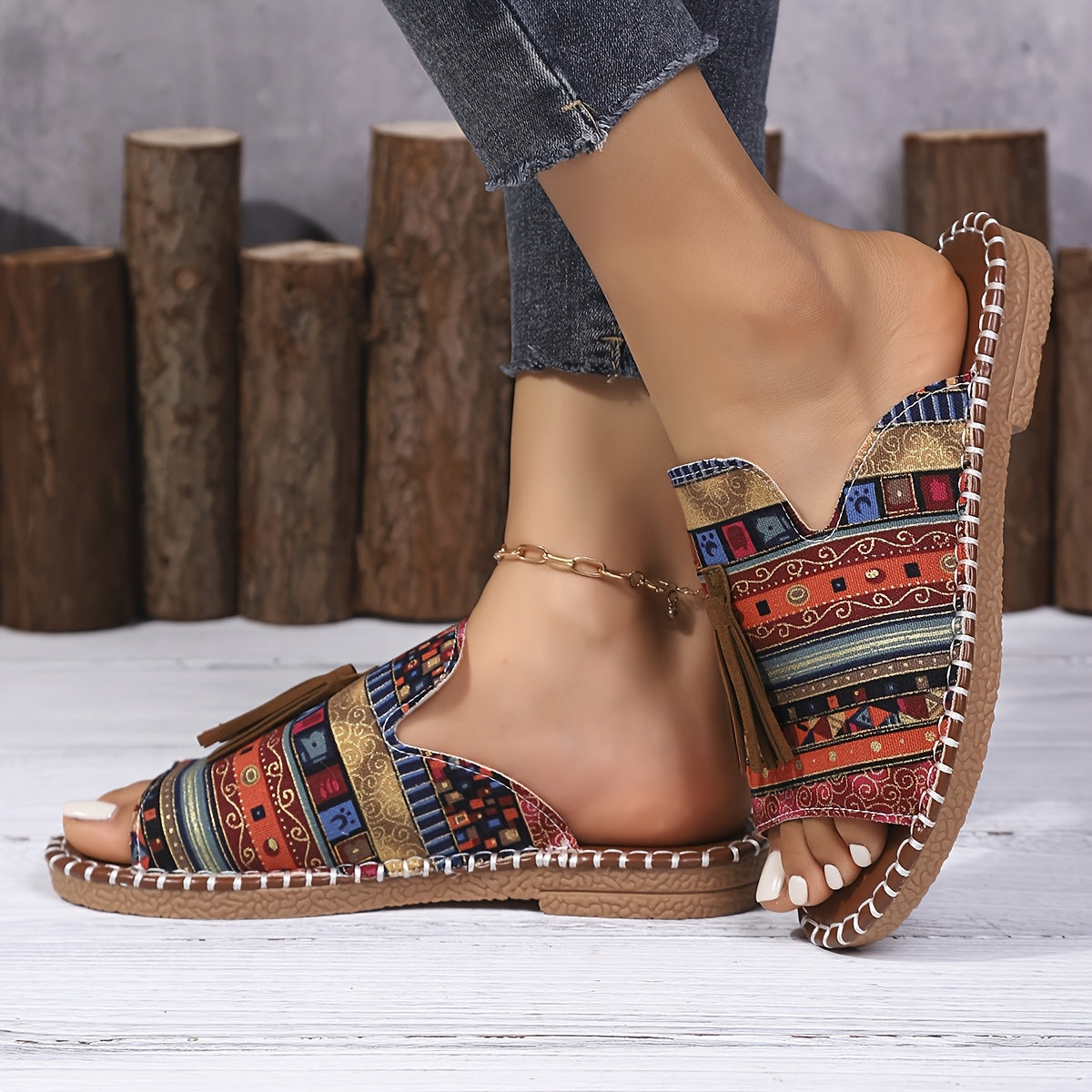 Ayollar uchun Bohemia tekis sandalki, etnik tassel, sirpanchiq bo'lmagan rezina, kundalik plyaj