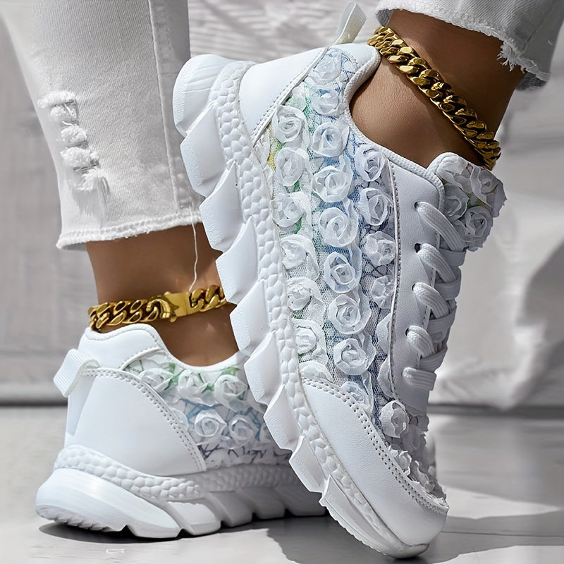 Ayollar uchun 3D Rose Lace-Up kundalik sport poyafzallari yengil, qulay oyoq kiyim