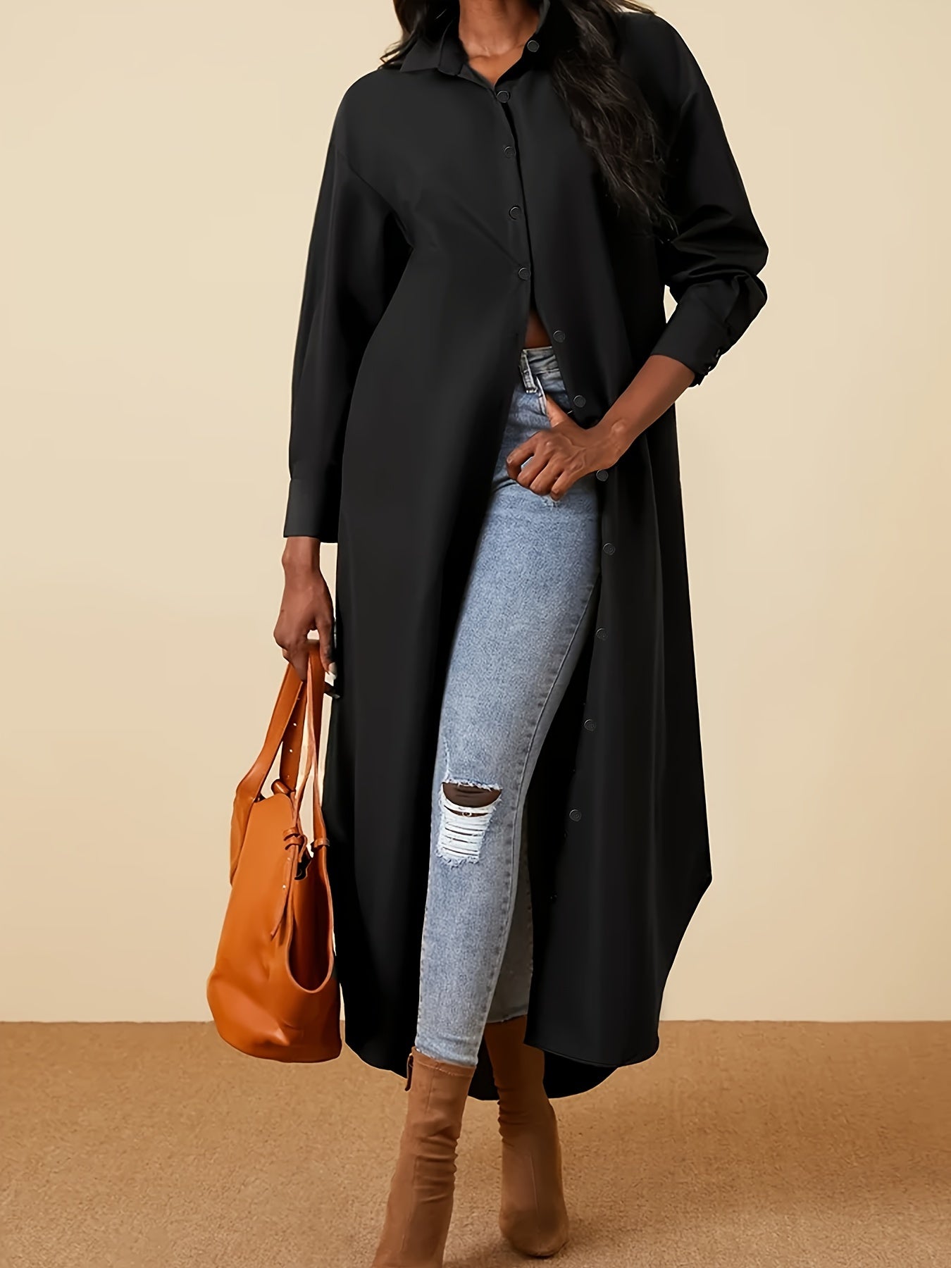 Plus Size Women's Solid Button Front Shirt Dress for Spring and Fall