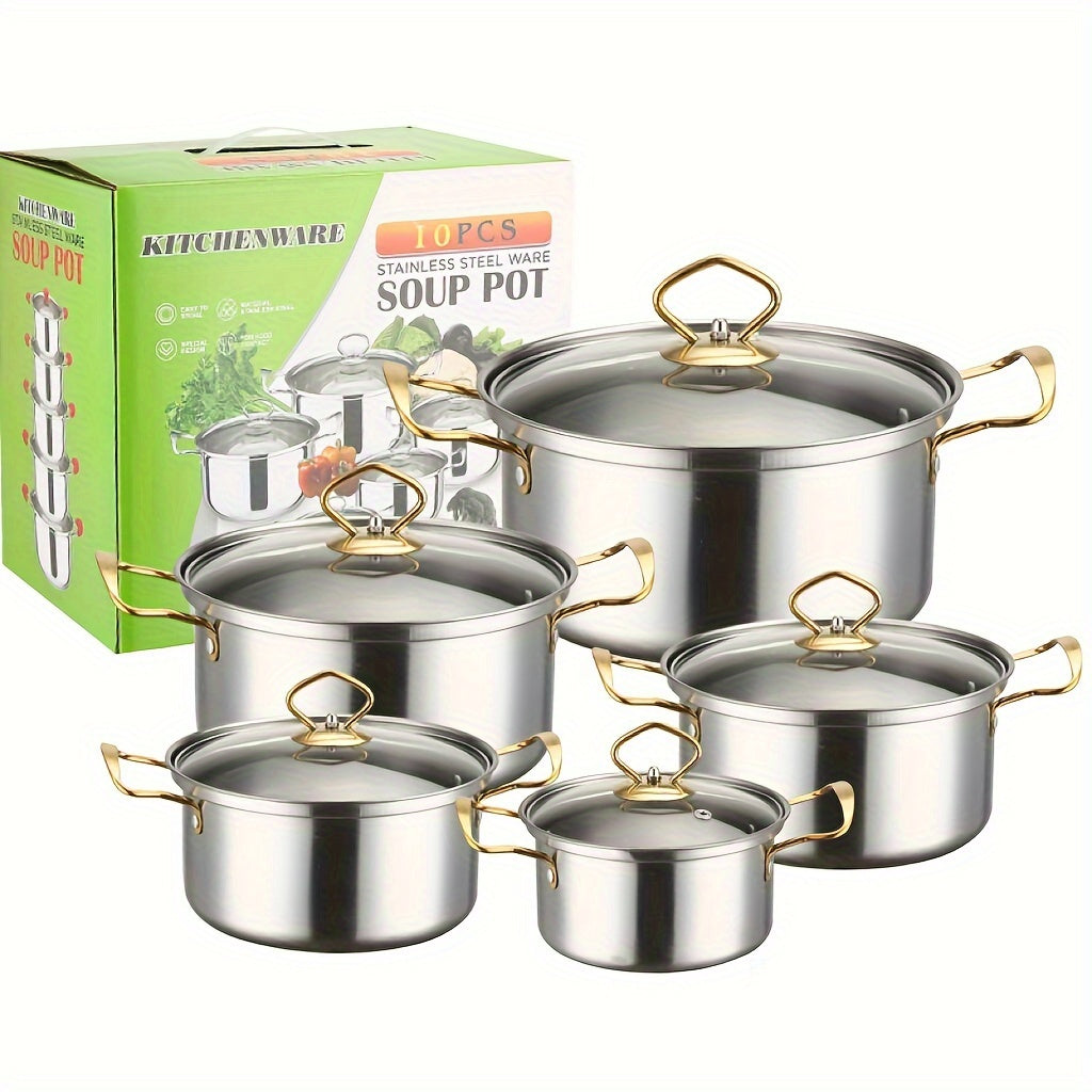 10-Piece Stainless Steel Cookware Set with Glass Lids Double Handles Golden Finish