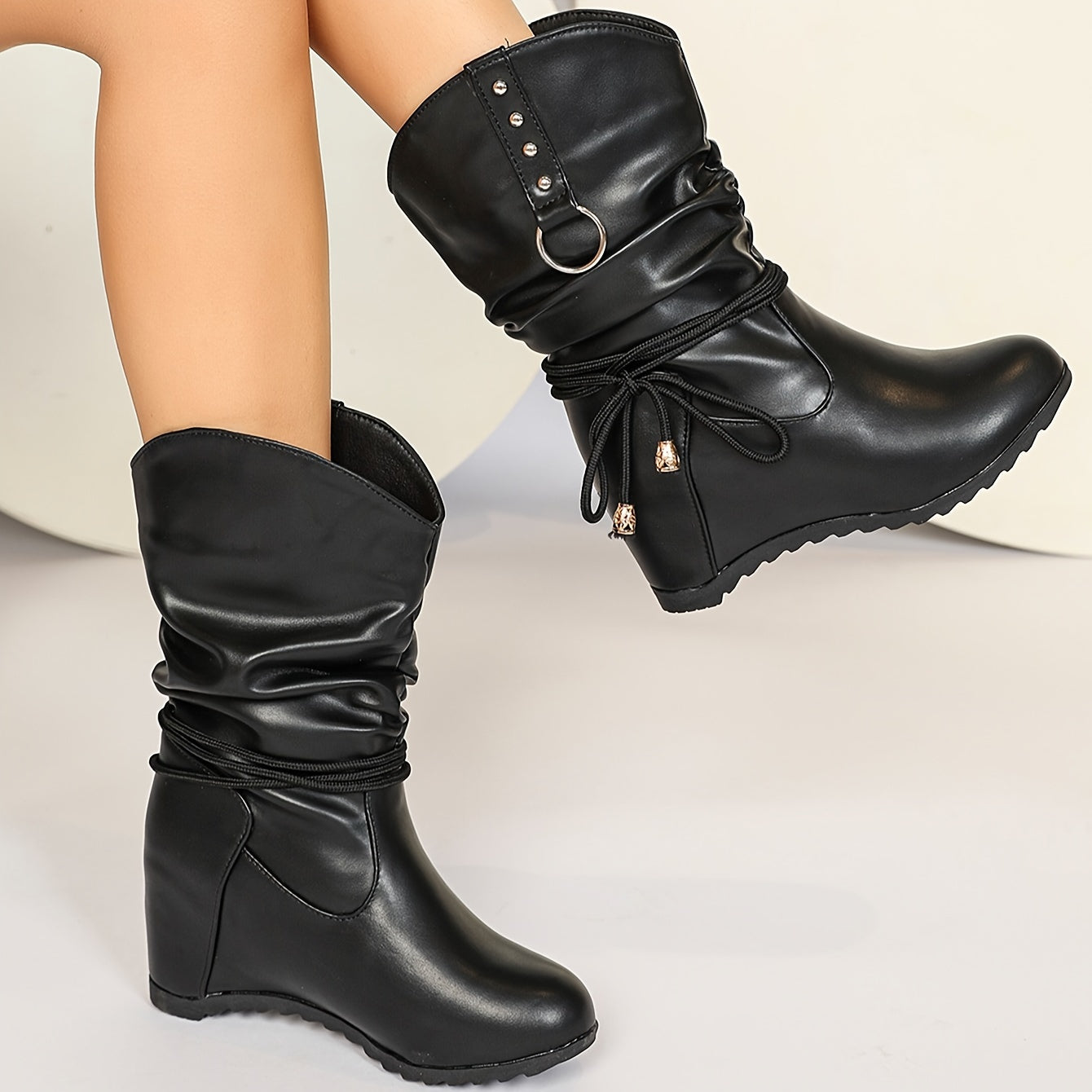 Women's Solid Color Platform Wedge Pull-On Boots with Bowknot Studs