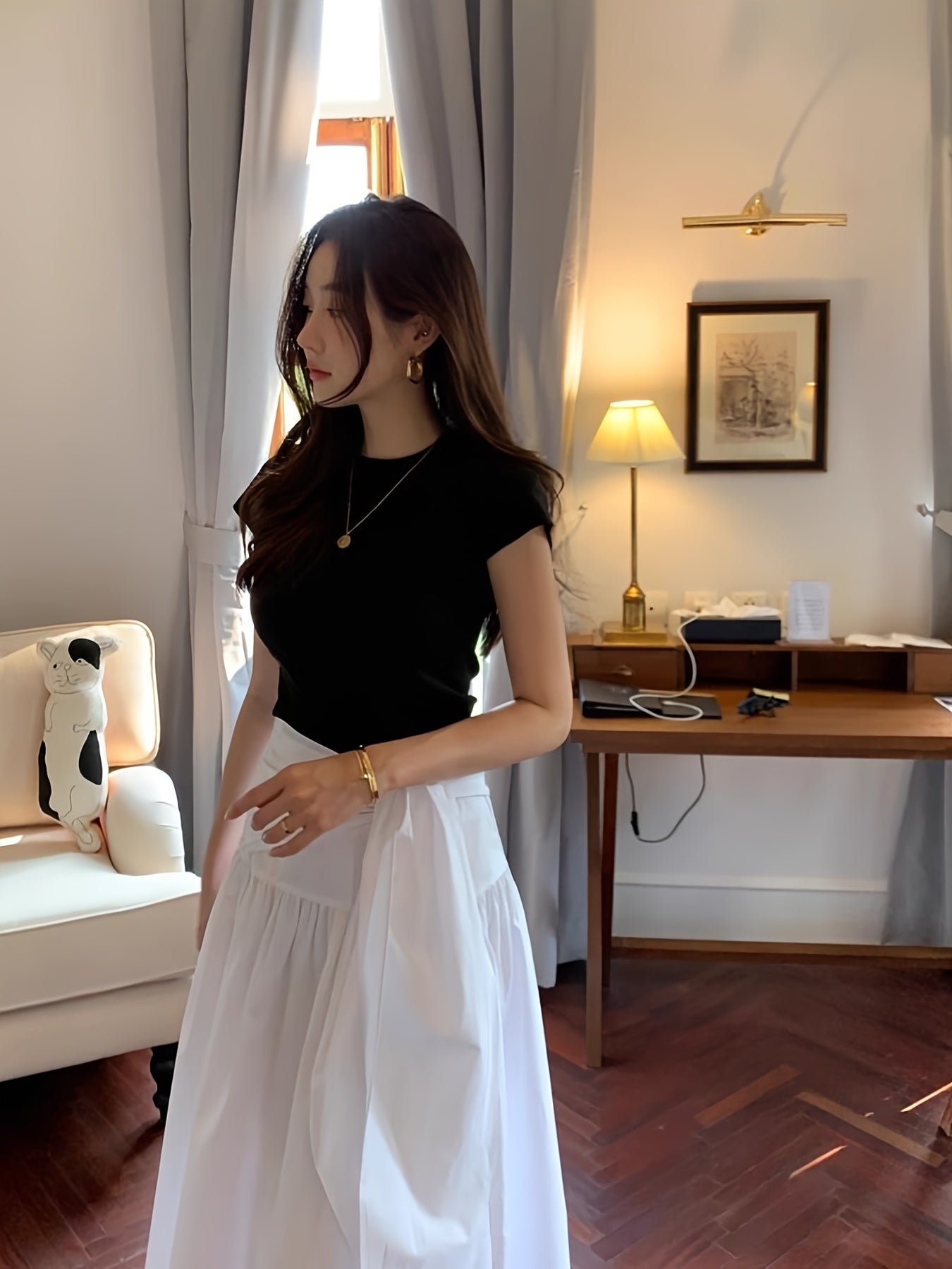 Women's Cotton Y2K Style T-Shirt Crew Neck Short Sleeve Solid Color with Frill Detail