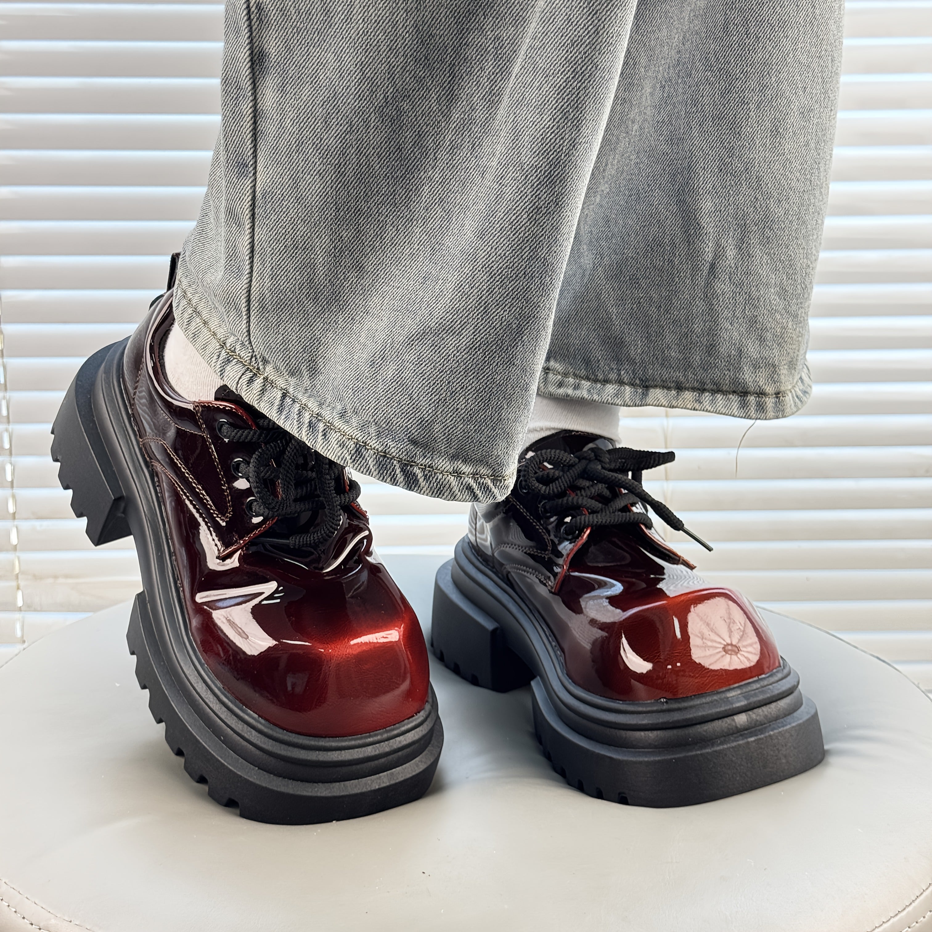 Women's Burgundy PU Chunky Shoes Non-Slip Rubber Sole For Formal & Casual