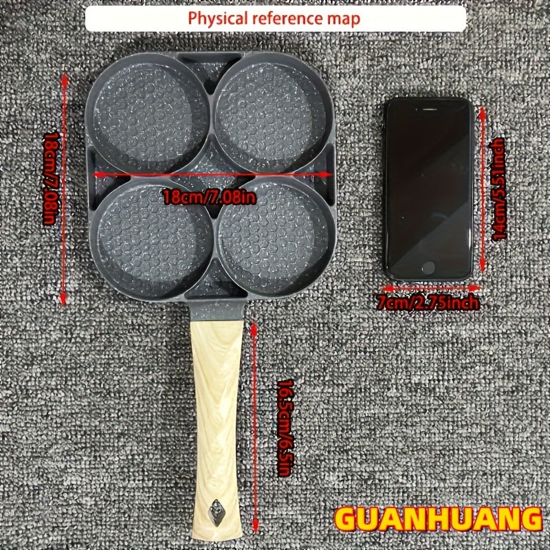 GUANHUANG Qattiqlashmaydigan tuxum va pancake qovurish panosi, yog'och tutqichli, 4-chiqimli pishirgich gaz pechiga va induksiya uchun, tuxum va kolbasa uchun ideal.