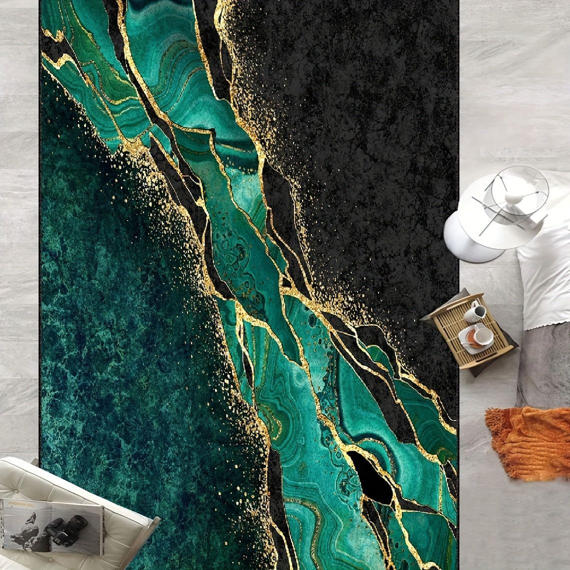 Green Abstract Area Rug Non-Slip Stain Resistant Machine Washable Polyester Floor Mat for Living Room Kitchen