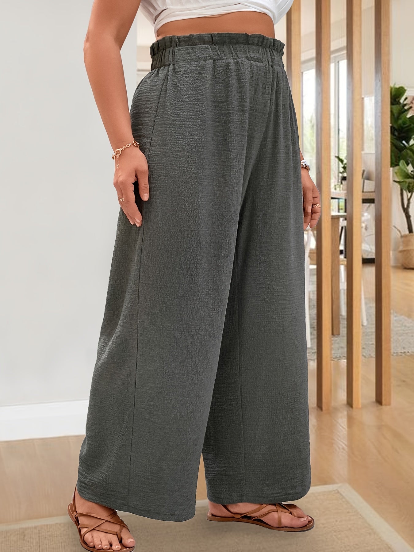 Women's Plus Size Wide Leg Pants Polyester High Rise Elastic Waist Summer