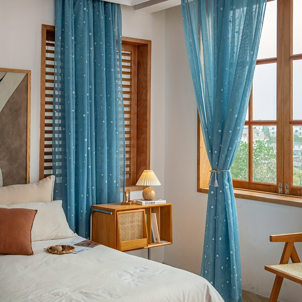 Pastoral Style Curtains with Luminous Star Pattern for Bedroom Living Room Office Kitchen