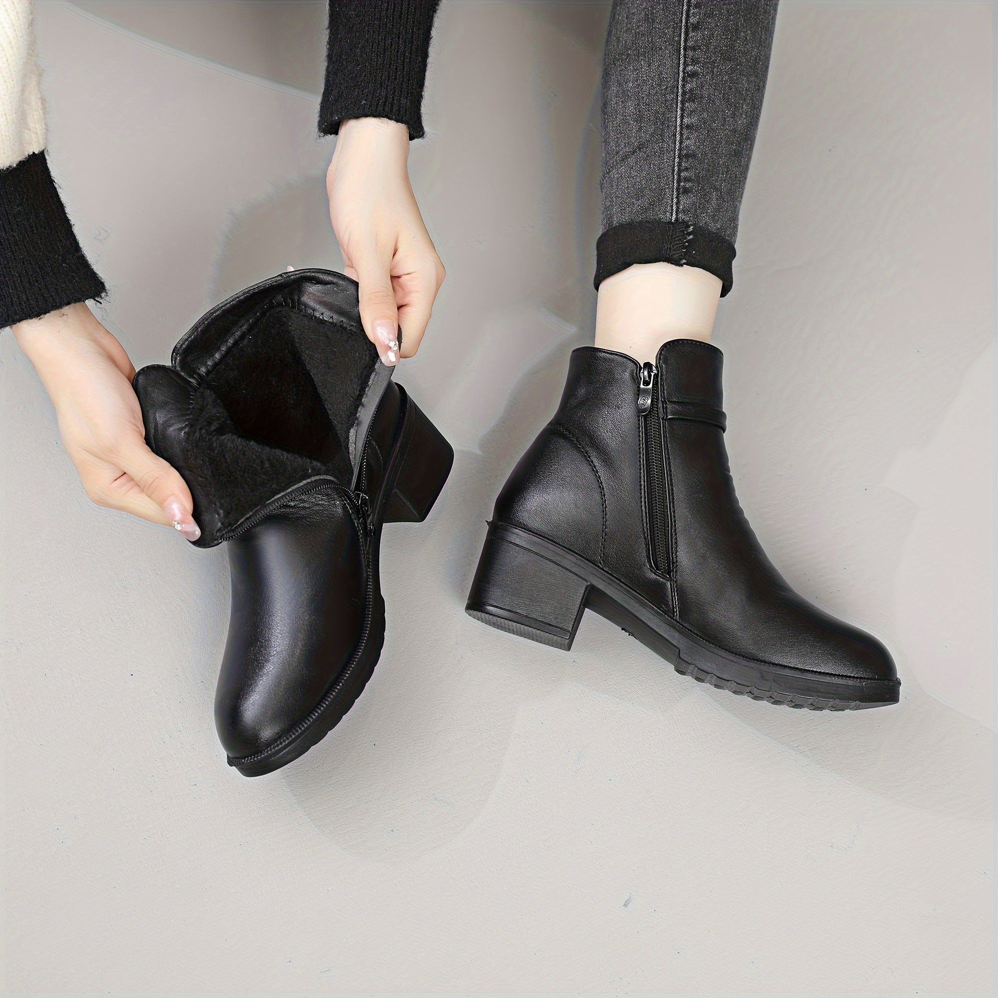 Women’s Ankle Boots With Chunky Heel Zipper Cold Weather Shoes