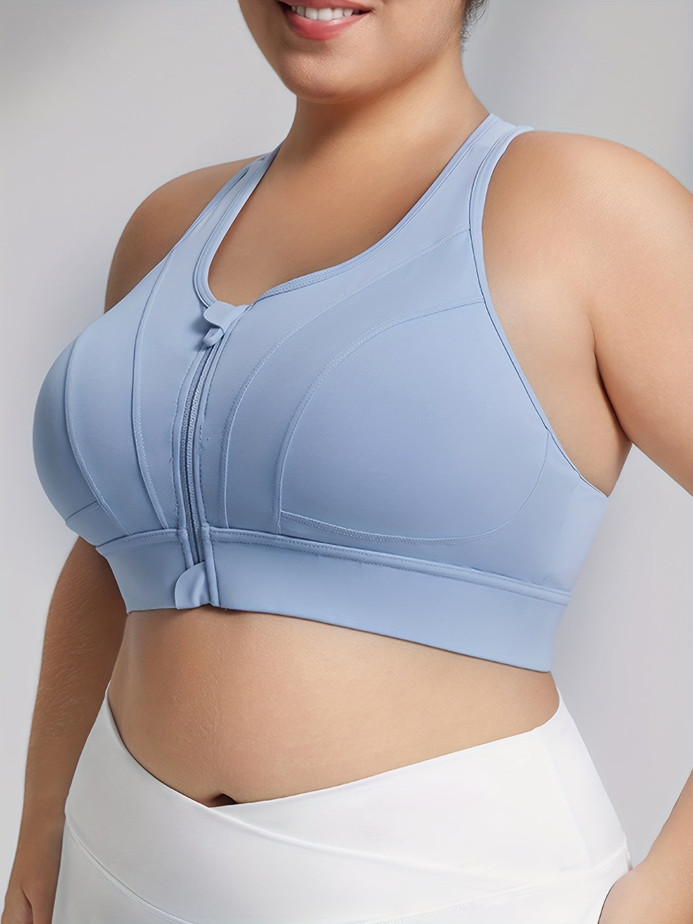 Women’s High Support Sports Bra with Front Zipper Light Blue for Running Yoga