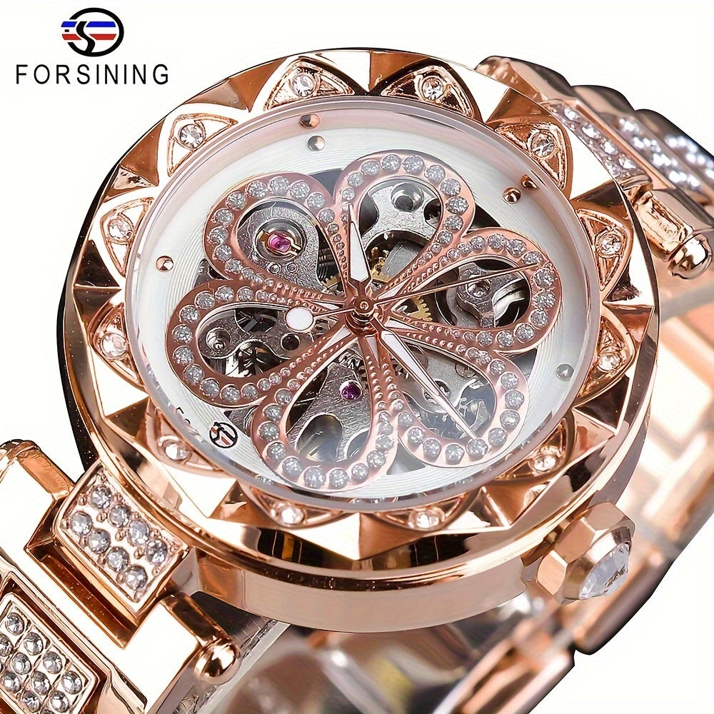 Women's Mechanical Watch Rhinestone Flower Skeleton Stainless Steel Wristband