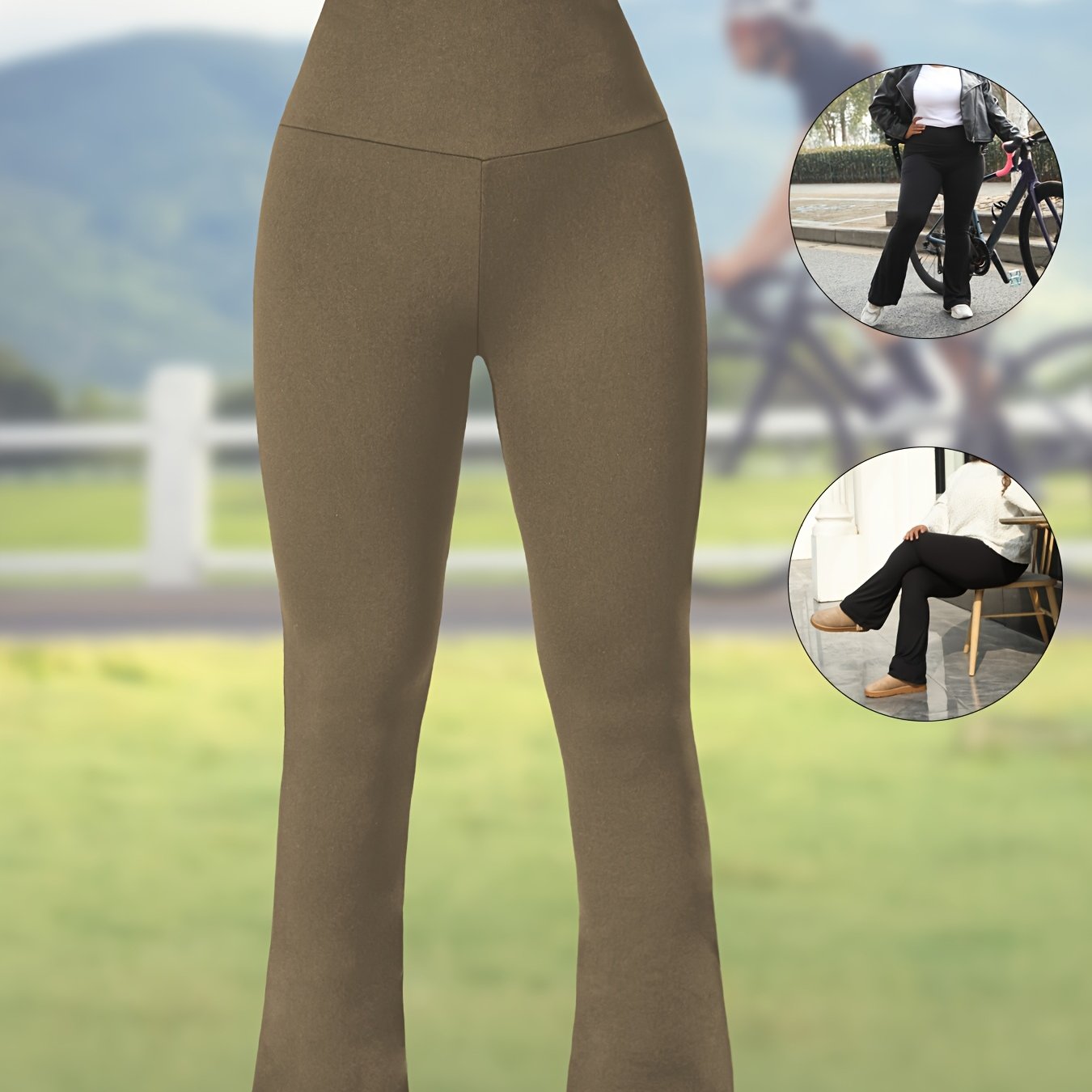 Plus Size Women's Stretchy High-Waisted Flare Leggings Olive Green Tummy Control