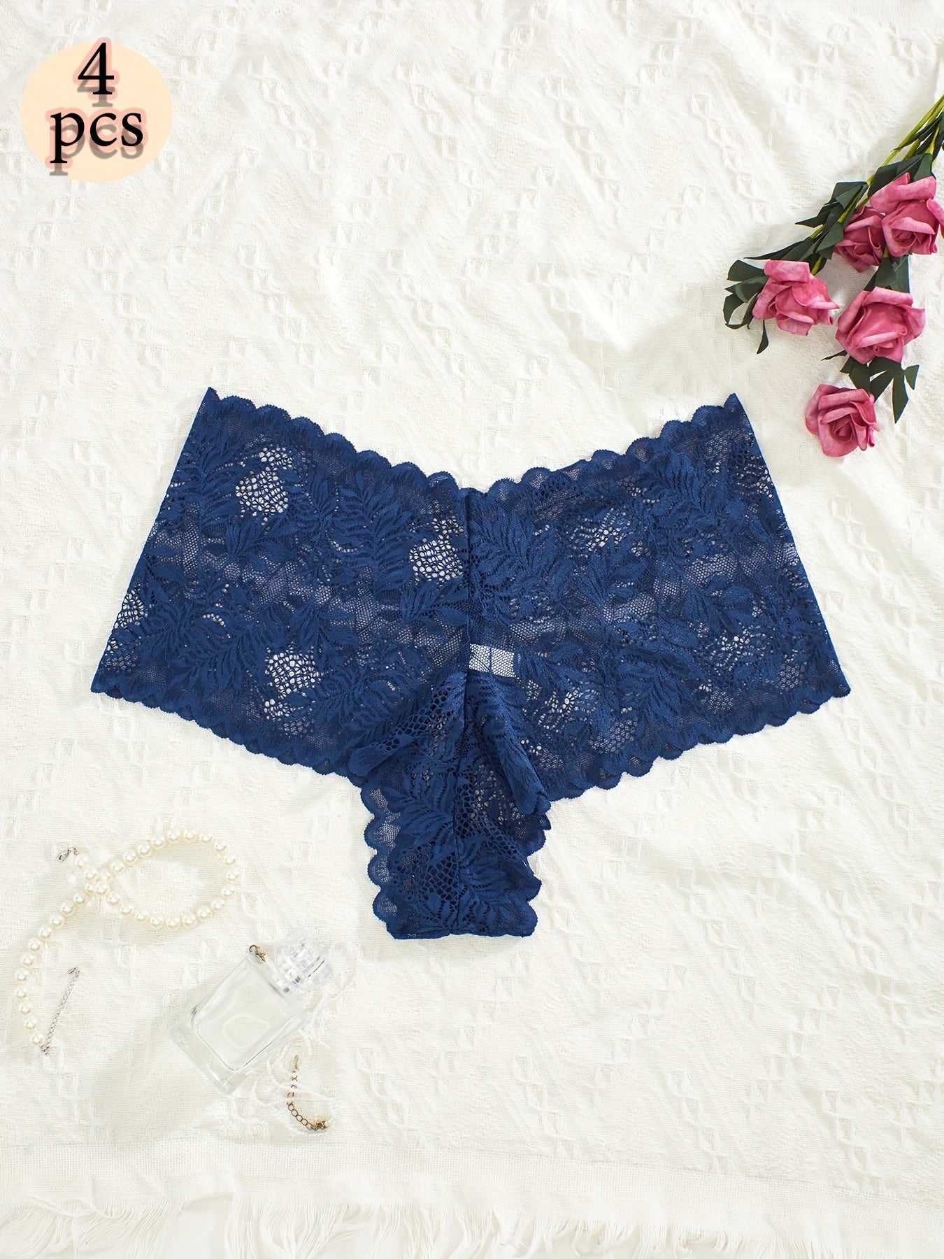 Plus Size Women's Lace Briefs 4 Pack High Stretch Solid Color Sexy Panties