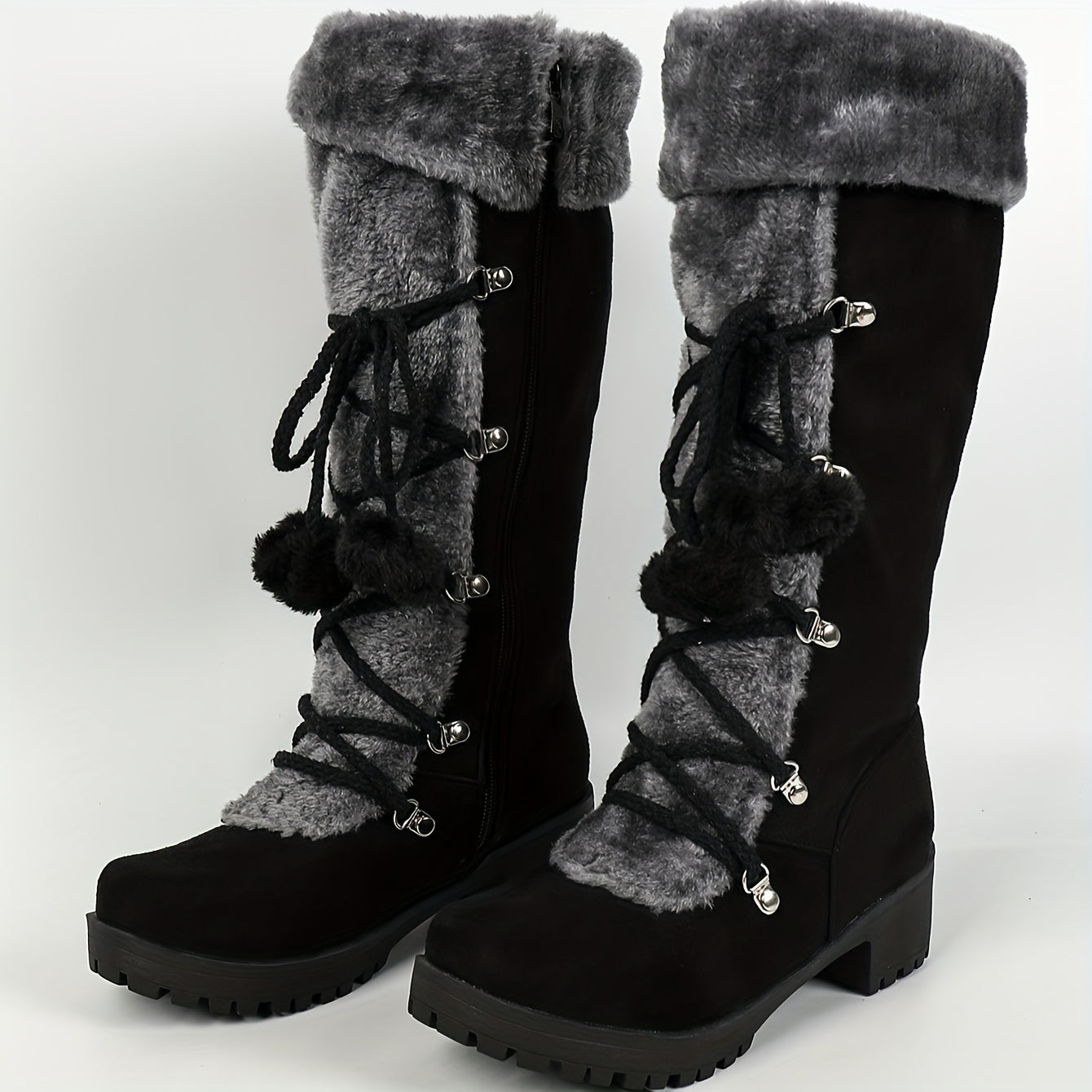 Women's Winter Faux Fur-Lined Mid-Calf Snow Boots with Chunky Heel