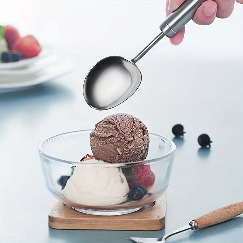 Stainless Steel Ice Cream Scoop with Wooden Handle for Cooking and Dining