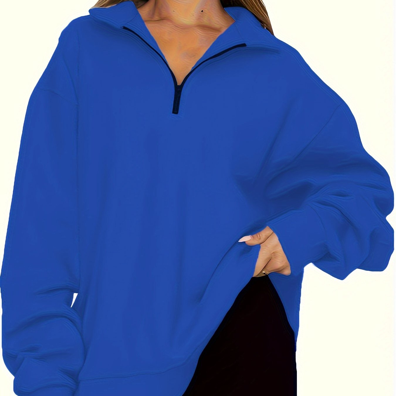 Ayollar uchun yarim-zip pullover svitshot uzun qolli ko'k polyester aralashmasi