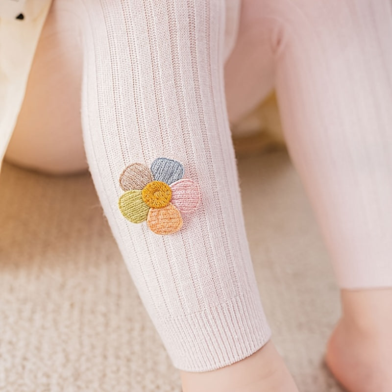 Girls Slim Leggings with Rib Knit Flower Doll Design Cotton Blend Stretch Footless Tights