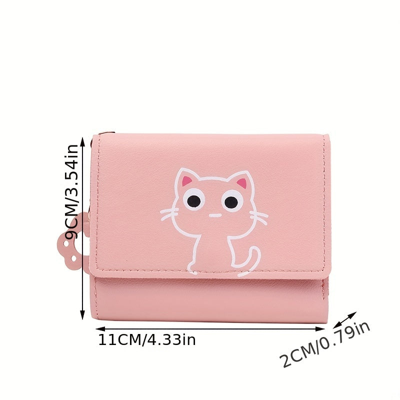 Pink Cat Cartoon Tri-Fold Wallet for Women with Keychain Coin Purse Card Slots