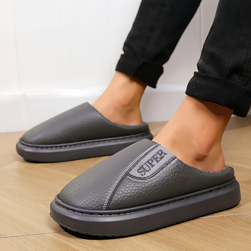 Men's Extra Large Winter Indoor Slippers with Fleece Lining Non-Slip TPR Sole Striped Pattern