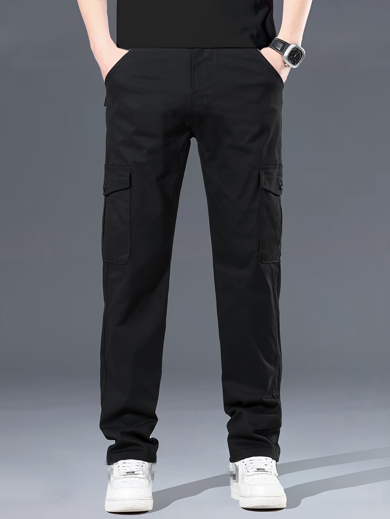 Men's Cotton Cargo Pants Solid Color Regular Fit Zipper Fly All-Season
