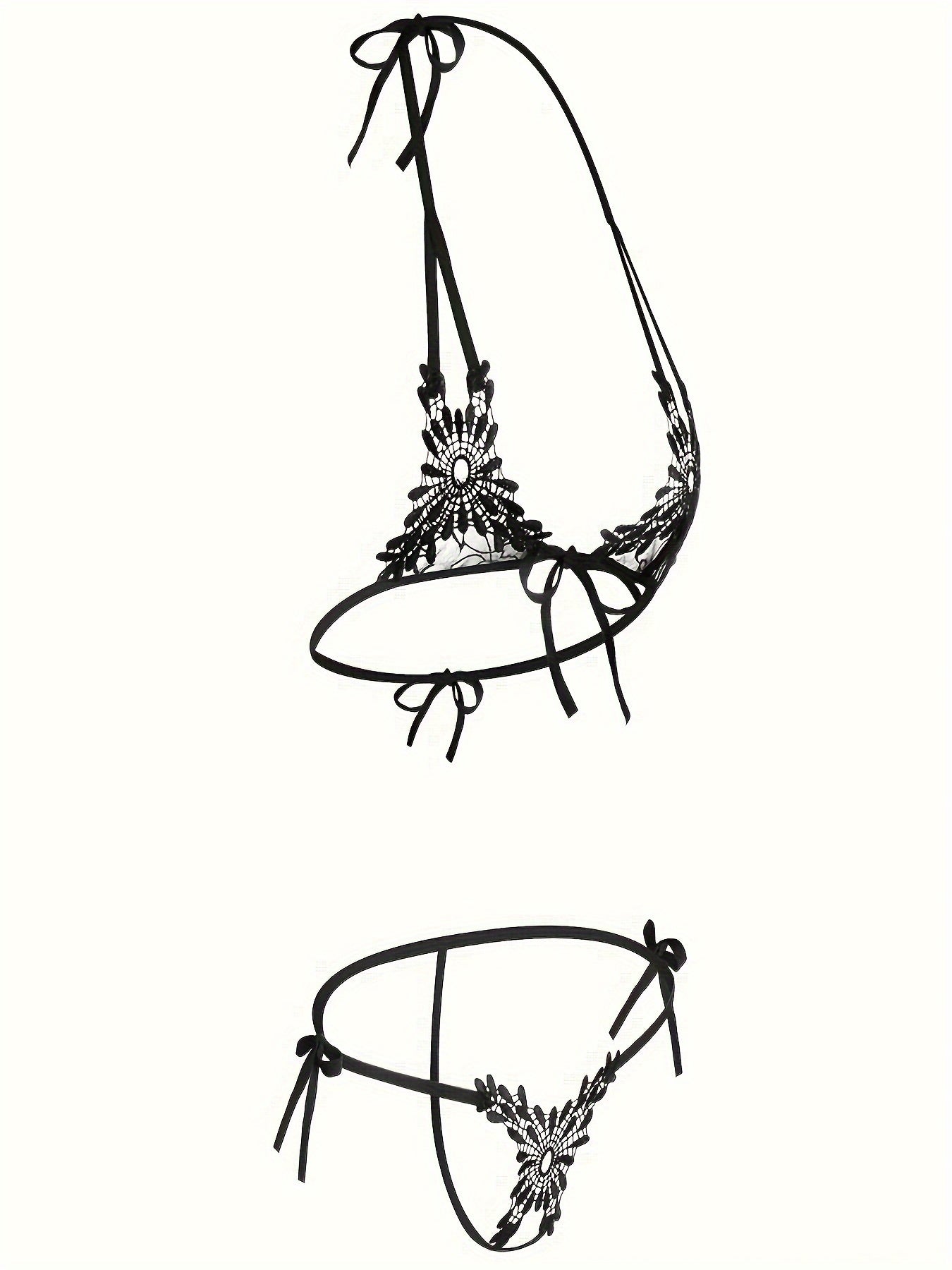 Conjunto de lencería negra de encaje para mujer con sujetador halter sin espalda con tirantes y tanga