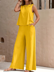 Women's Two-Piece Outfit Set Sleeveless Tank Top Wide Leg Pants Solid Polyester Spring Summer