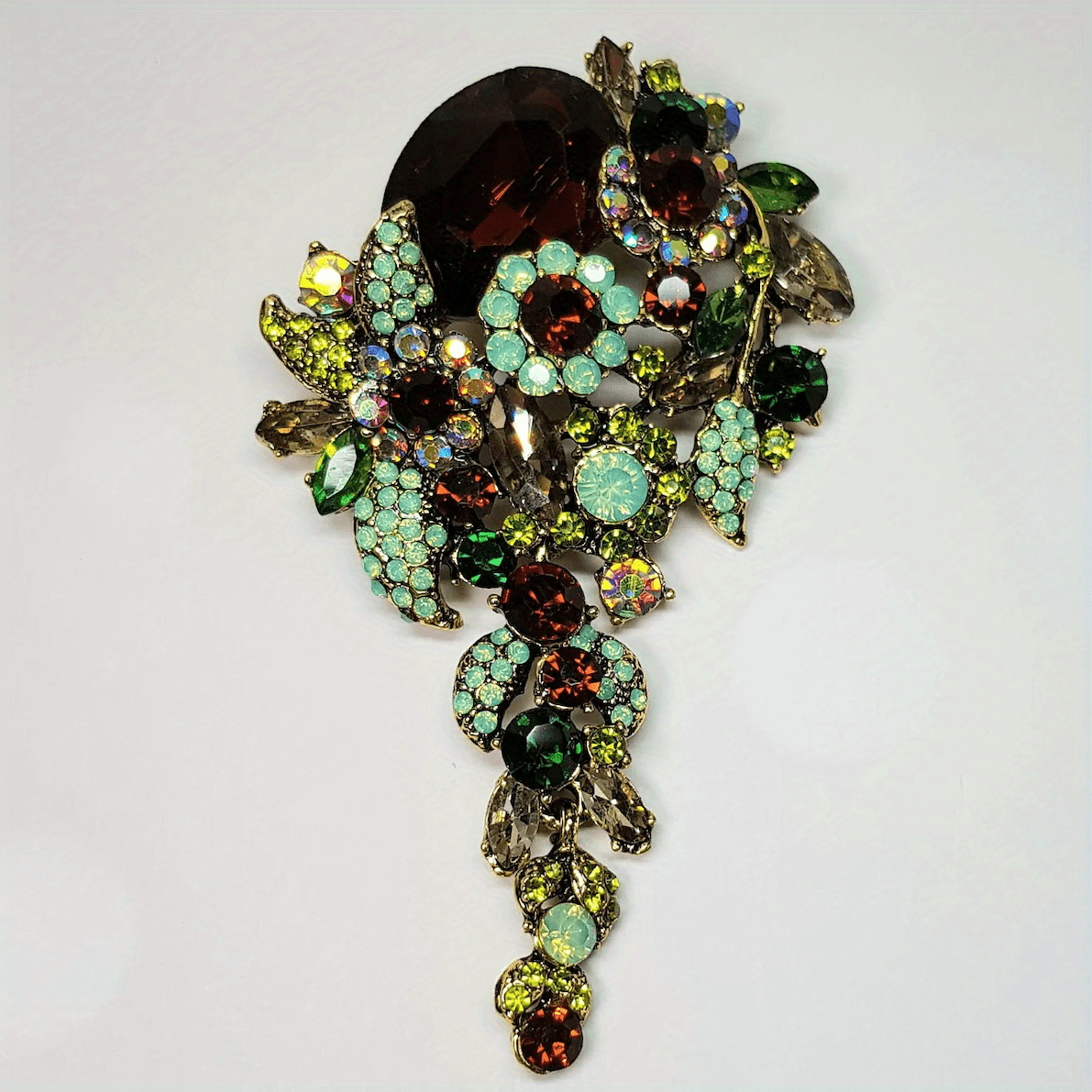 Antique-Style Brooch with Brown and Green Crystals in Alloy, Elegant Gift