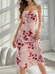 Floral Print Backless Nightdress with Lettuce Trim for Women
