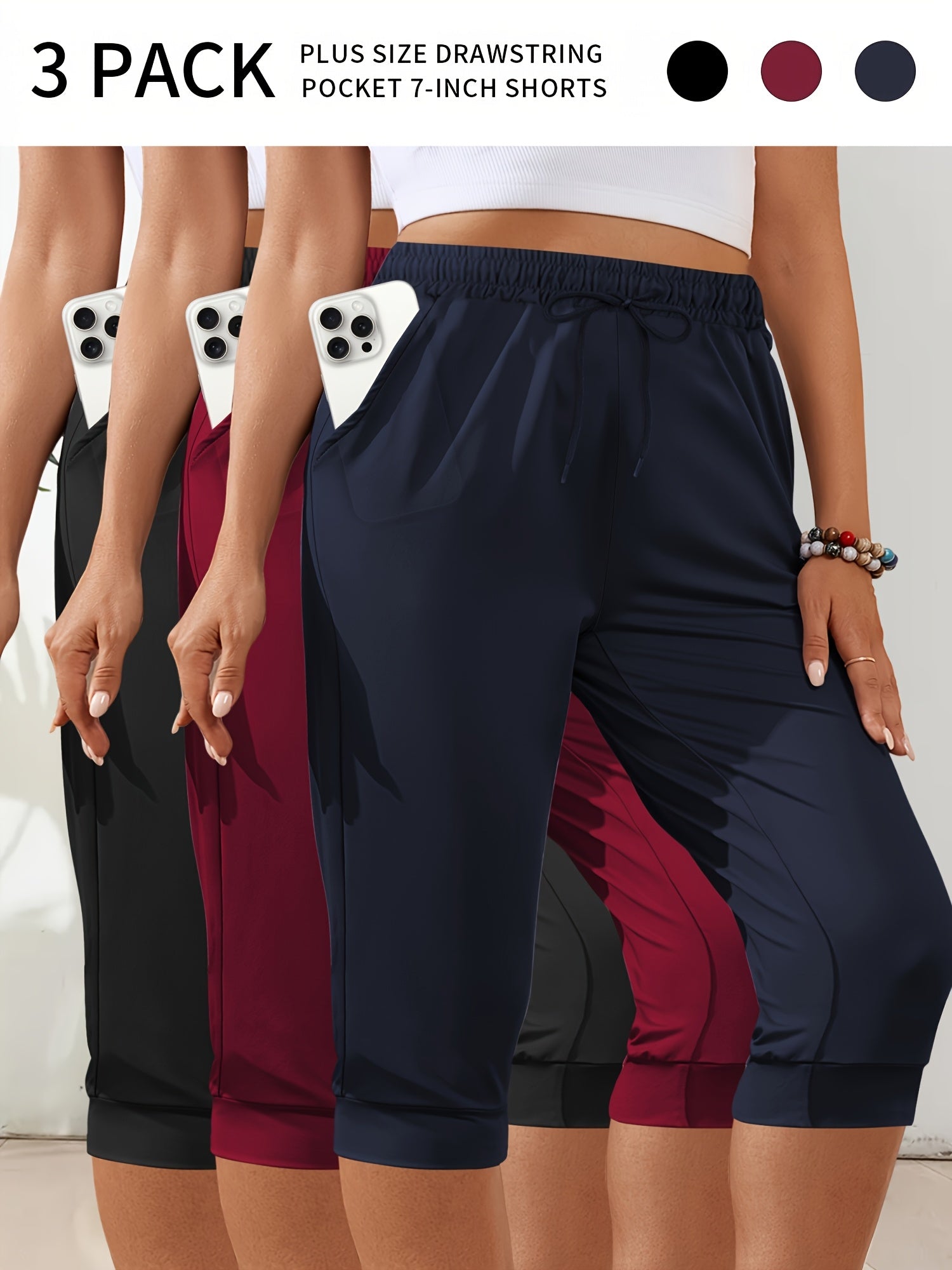 Plus Size Drawstring Side Pocket Cropped Joggers Three Pack Loose Fit Pants