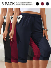 Plus Size Drawstring Side Pocket Cropped Joggers Three Pack Loose Fit Pants