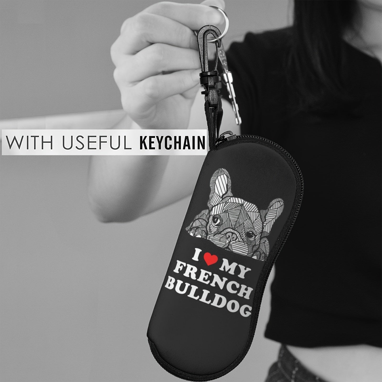 French Bulldog Pattern Glasses Case with Key Chain Neoprene Portable Eyewear Holder