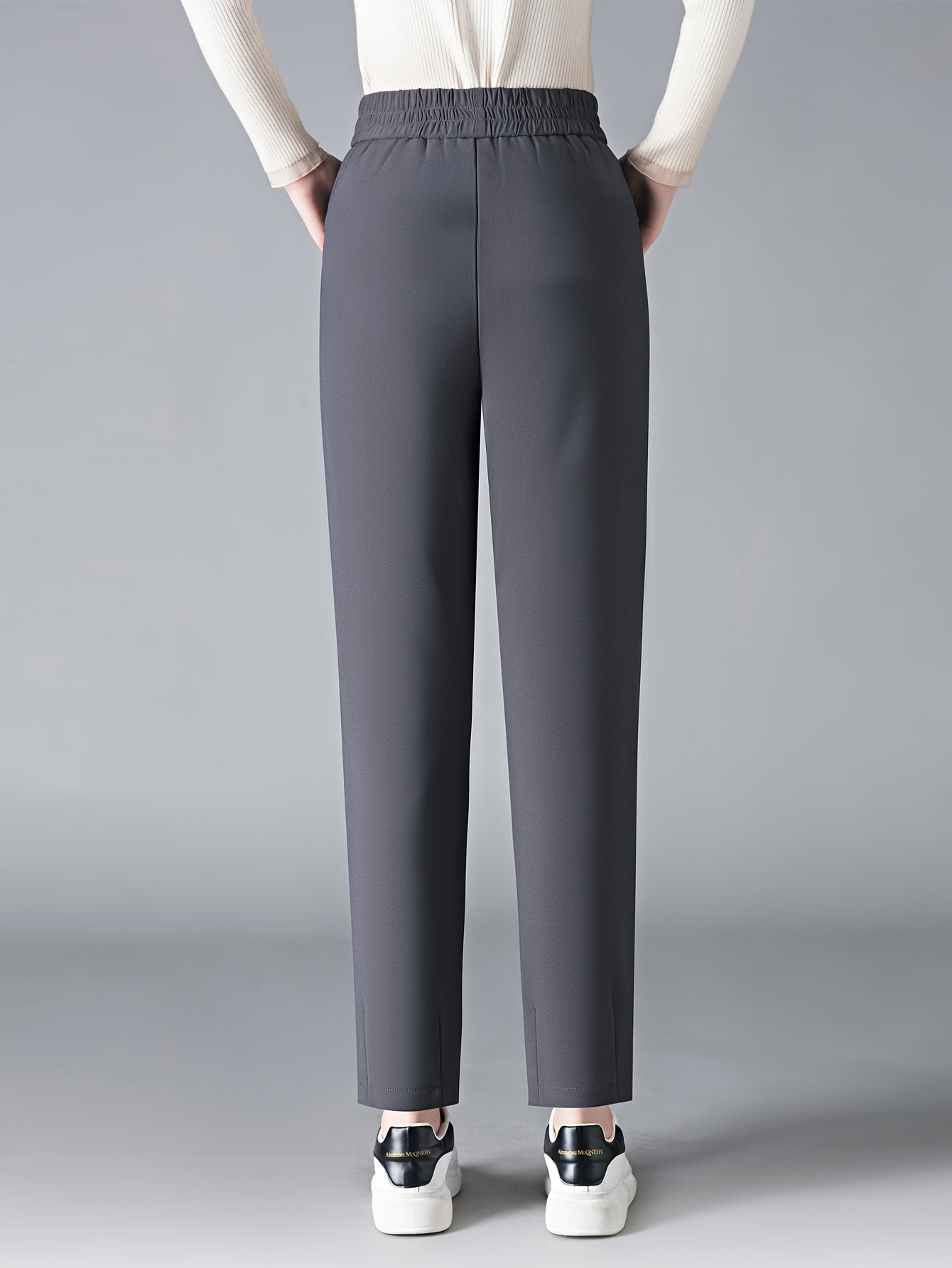 Women's Slimming High-Waist Harem Pants Brown Elastic Waist Straight Leg