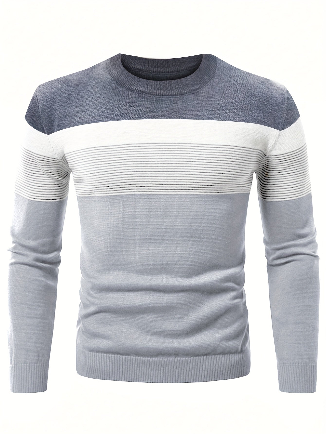 Men's Cotton Striped Crew Neck Sweater Long Sleeve Fall Winter Casual Knit Pullover