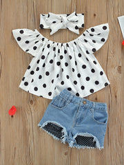 Baby Girls Summer Polka Dot Crop Top and Denim Shorts Set with Headband
