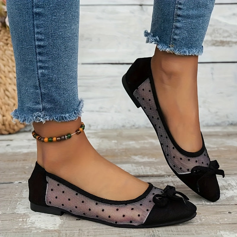 Women's Black Pointed Toe Loafers with Bow Dot Mesh Slip-On Flats