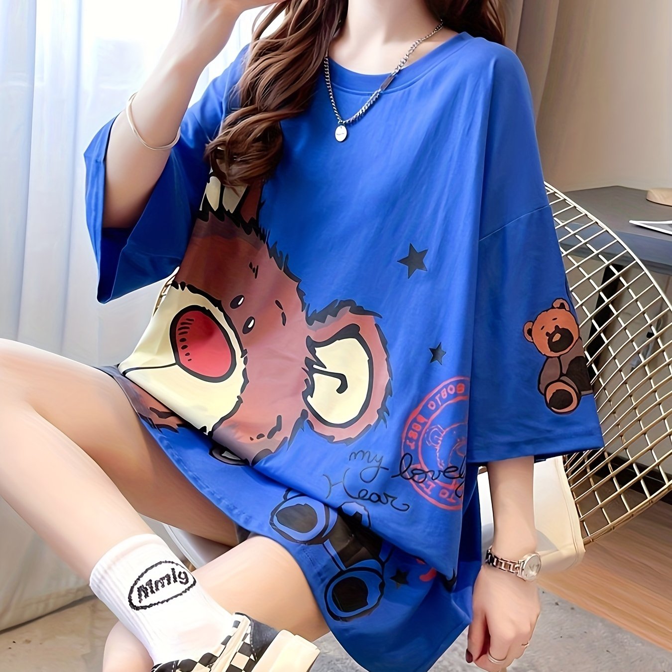 Plus Size Women's Casual T-Shirt with Cartoon Bear Print Polyester Blend Short Sleeve Spring Summer