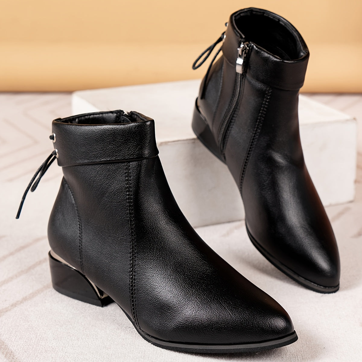 Women’s Black Faux Leather Ankle Boots, Low Heel, Side Zipper