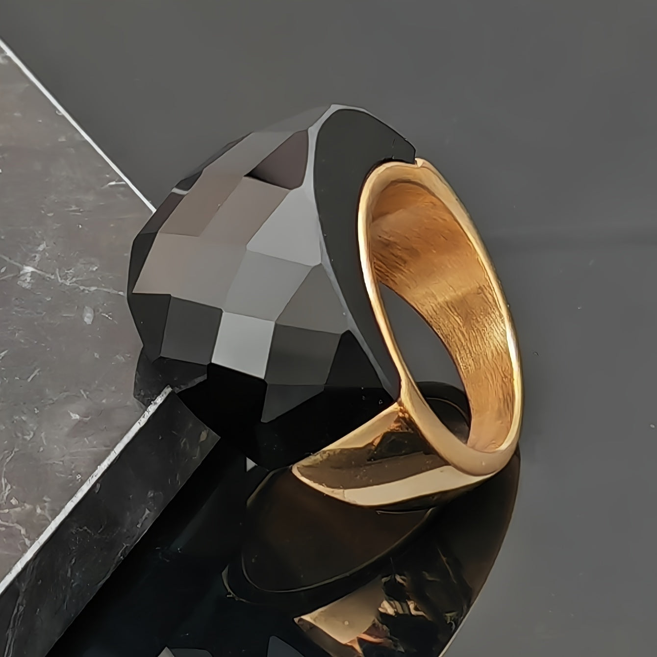 Stainless Steel Ring with Black Synthetic Stone for Men and Women