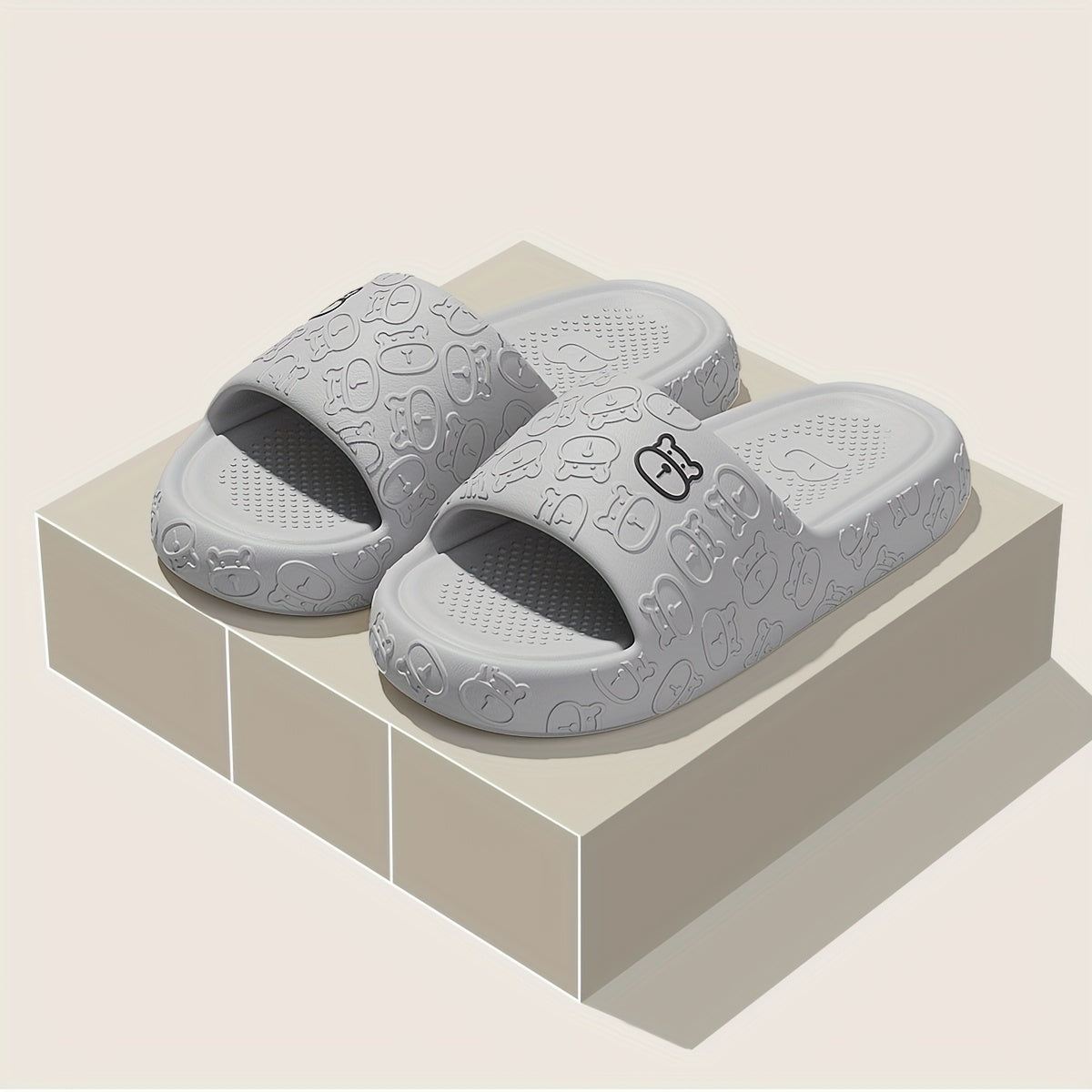 Unisex Cartoon Bear Print Slip-On Indoor Outdoor House Shoes Black Pink Size 48 49