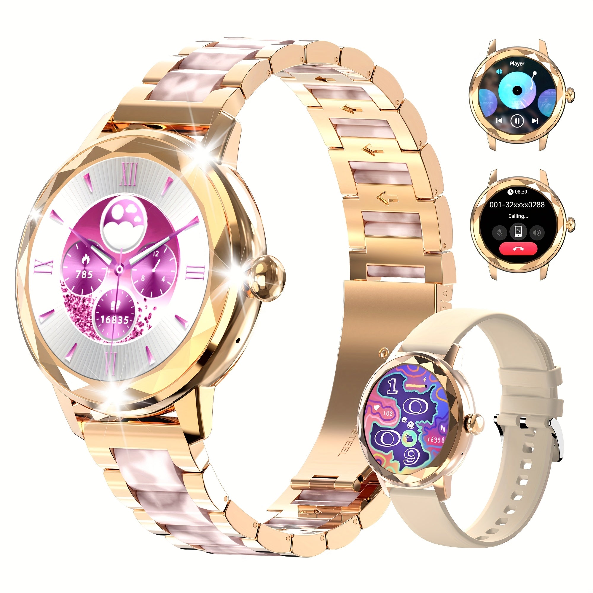 1.2 dyuymli ekranli, qo'ng'iroq, xabar bildirishnomalari, ob-havo, kaloriya hisoblagichi, musiqa, sport rejimlari bilan jihozlangan, iPhone/Android bilan mos keladigan hashamatli ayollar soati, ayollar uchun ideal 14-fevral sovg'asi.