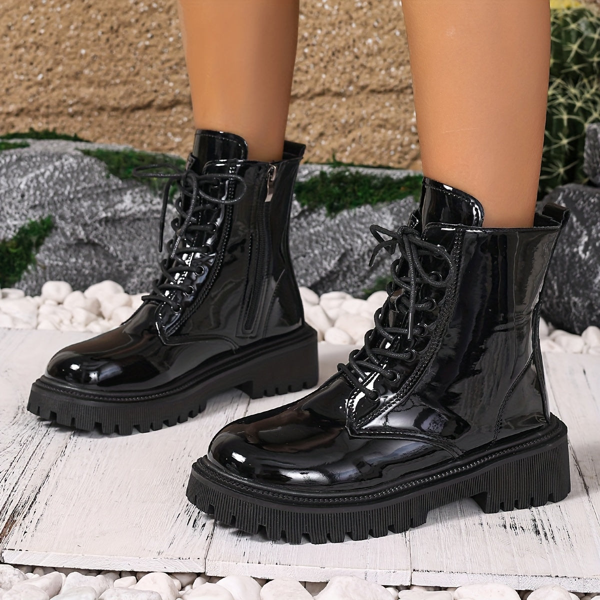 Women's Black Faux Leather Ankle Boots With Lace-Up Mid-Heel Non-Slip Sole