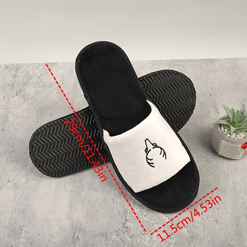 Women's Black Flannel Open-Toe Slippers for Hotel Travel and Home