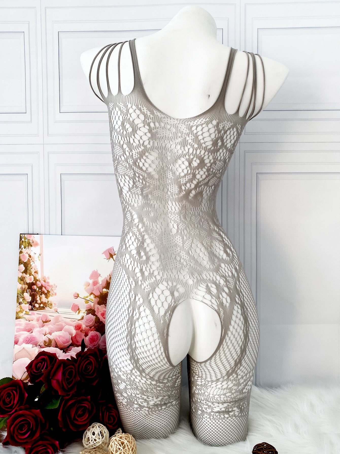 Women's Fishnet and Jacquard Bodystocking for Valentine's Day or Wedding Night