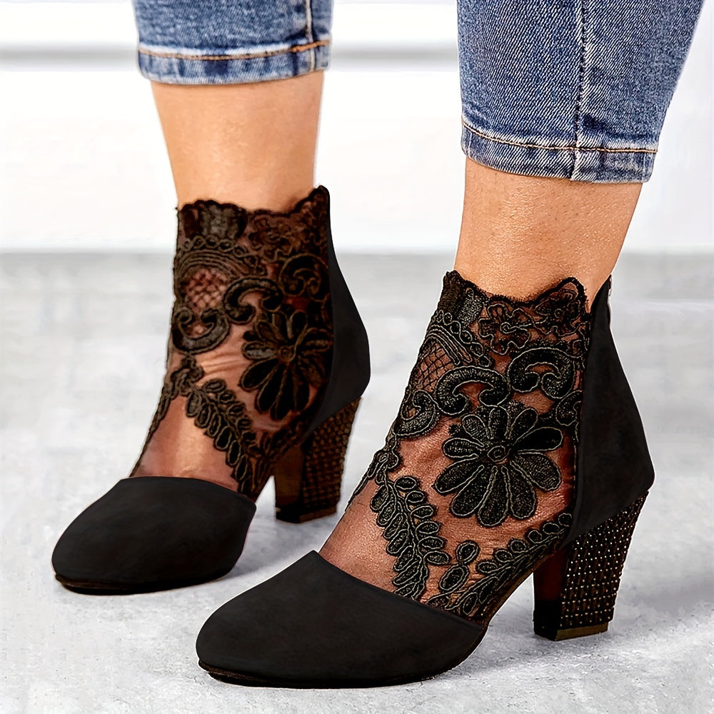 Women's Black Lace Ankle Boots with Floral Pattern, Chunky Heel, Back Zip