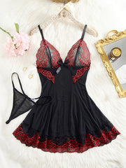 Women's Floral Lace Lingerie Set with V-Neck Backless Cami Dress and Thong